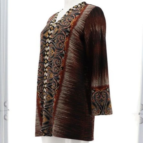 NWT GRAVER SUSAN GRAVER PRINTED NOVELTY KNIT CARDIGAN SWEATER SPICE BROWN XXSP - Picture 2 of 10